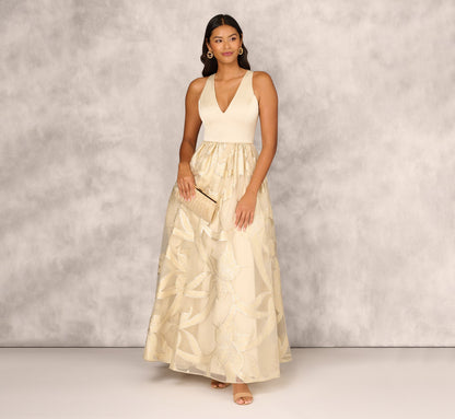 Metallic Jacquard Sleeveless Ball Gown With Crinoline Details - Light Gold | Adrianna Papell