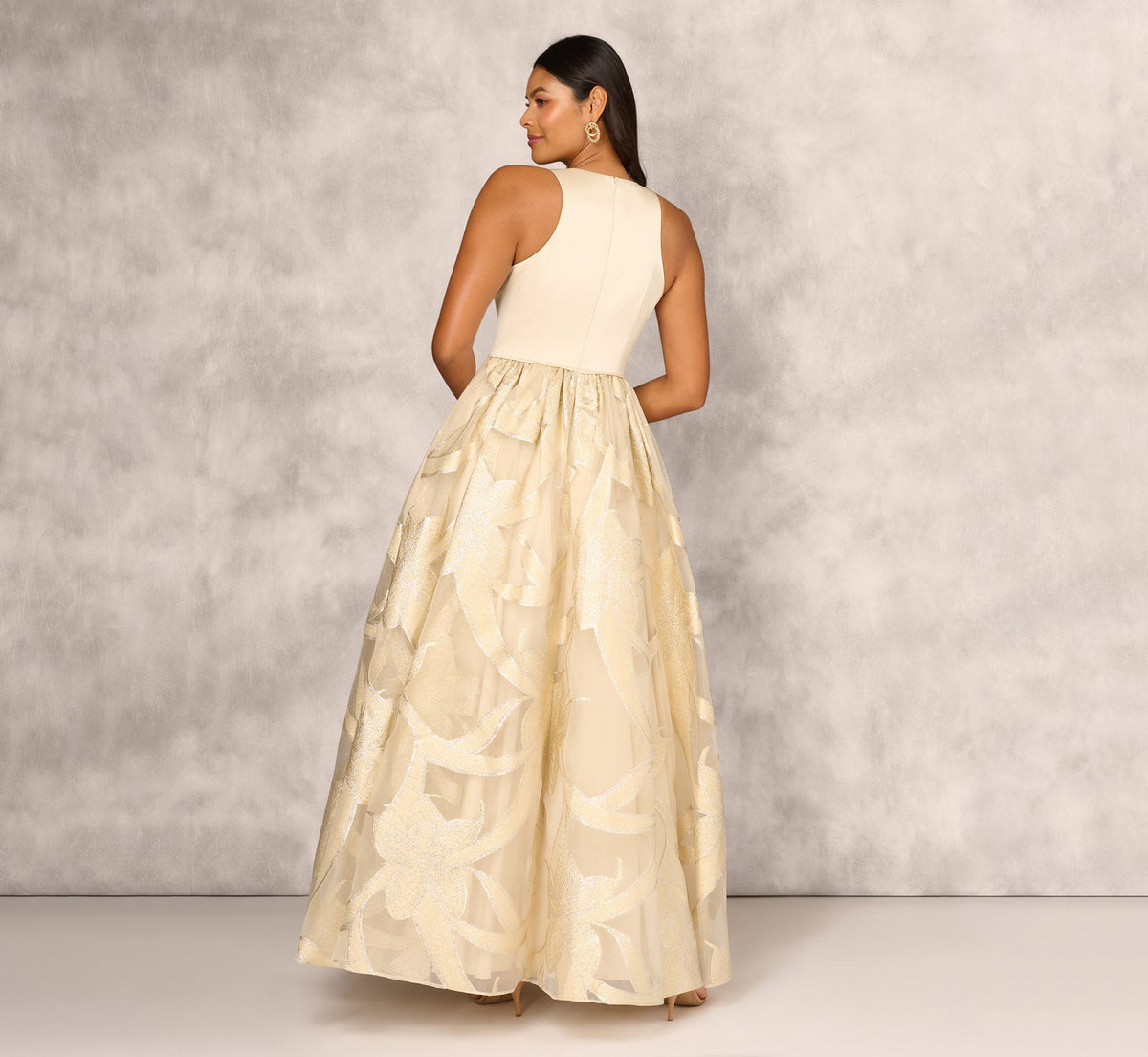 Metallic Jacquard Sleeveless Ball Gown With Crinoline Details - Light Gold | Adrianna Papell