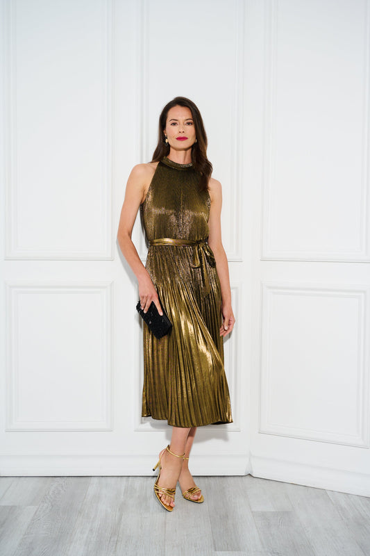 Halter Pleated Metallic Dress - Gold | Adrianna Papell