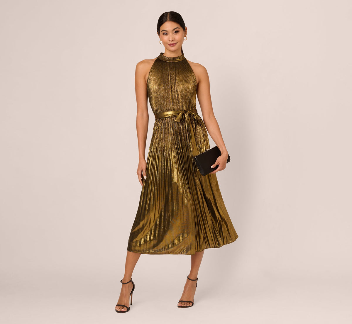 Halter Pleated Metallic Dress - Gold | Adrianna Papell