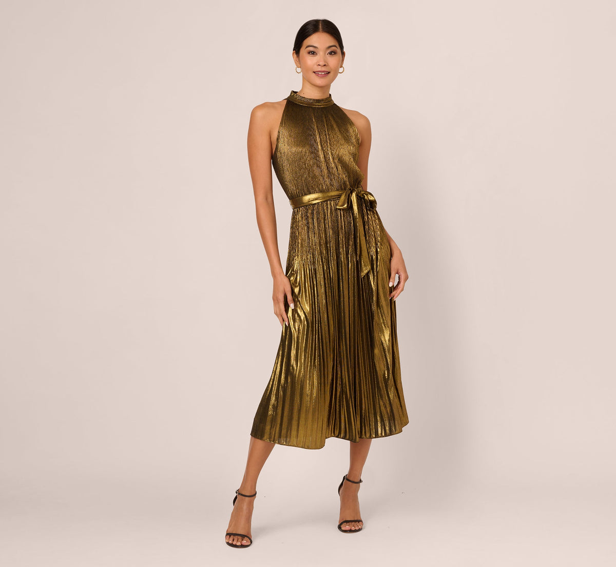 Halter Pleated Metallic Dress - Gold | Adrianna Papell