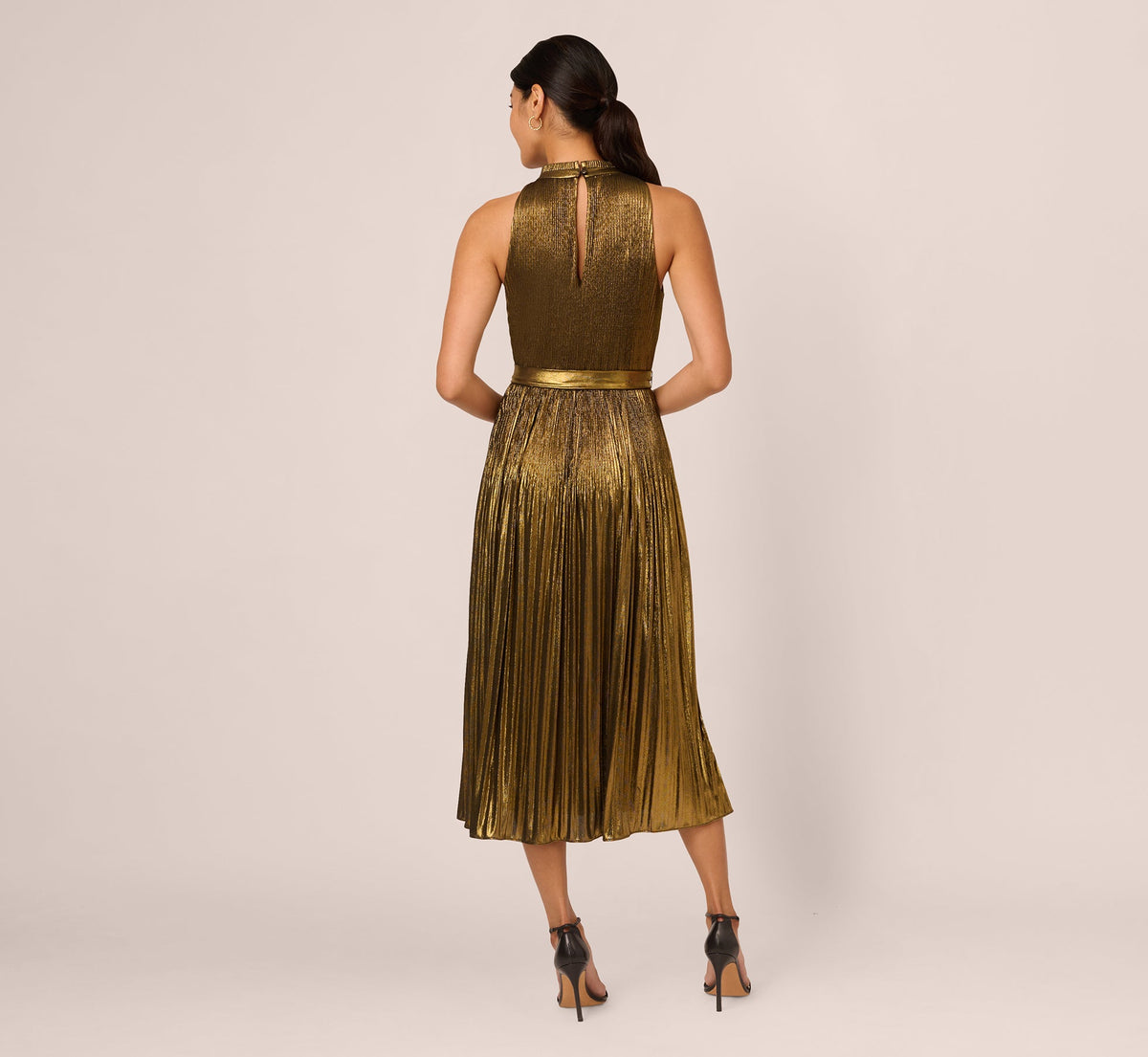 Halter Pleated Metallic Dress - Gold | Adrianna Papell