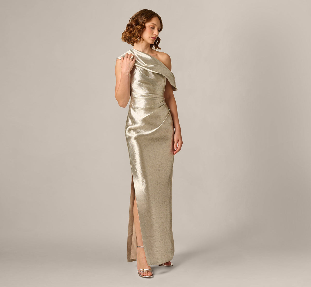 Draped One Shoulder Textured Metallic Jacquard Gown - Light Gold | Adrianna Papell