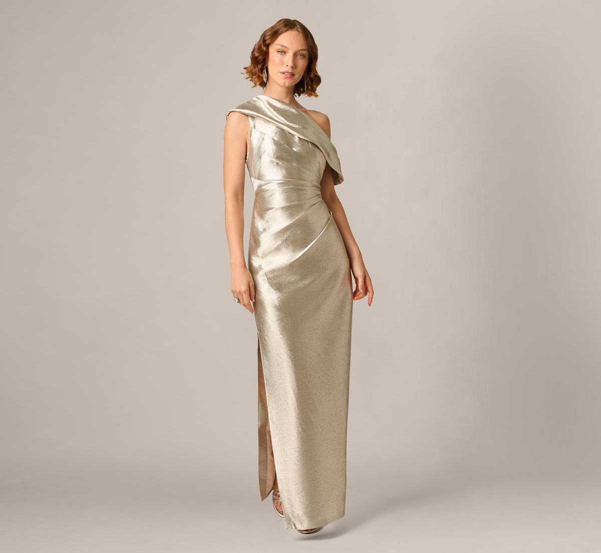 Draped One Shoulder Textured Metallic Jacquard Gown - Light Gold | Adrianna Papell