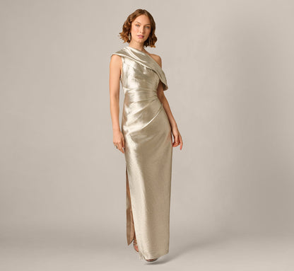 Draped One Shoulder Textured Metallic Jacquard Gown - Light Gold | Adrianna Papell