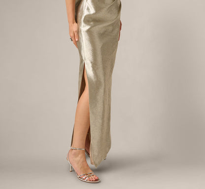 Draped One Shoulder Textured Metallic Jacquard Gown - Light Gold | Adrianna Papell