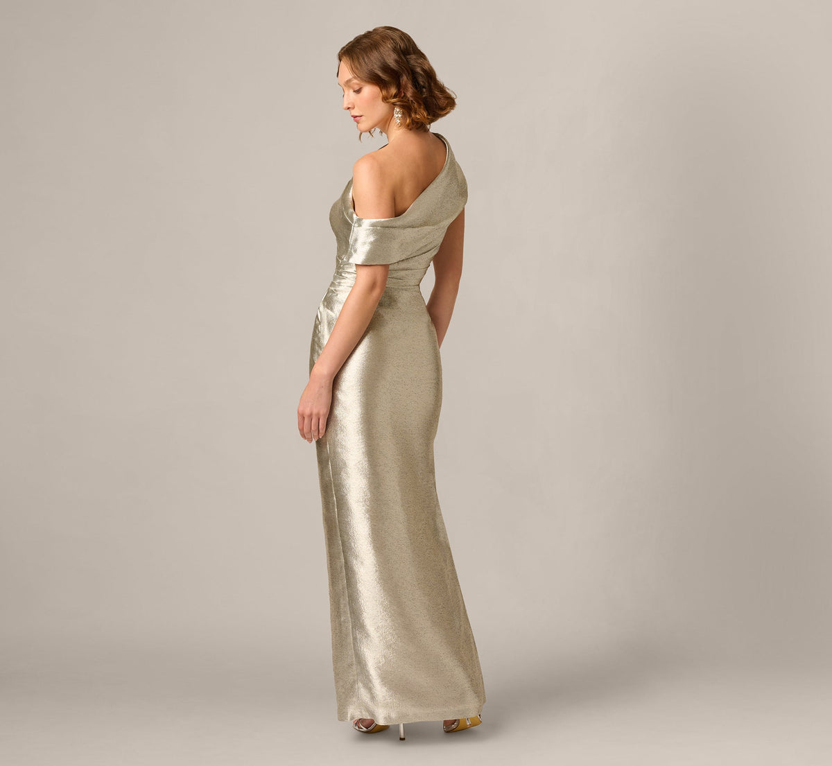 Draped One Shoulder Textured Metallic Jacquard Gown - Light Gold | Adrianna Papell