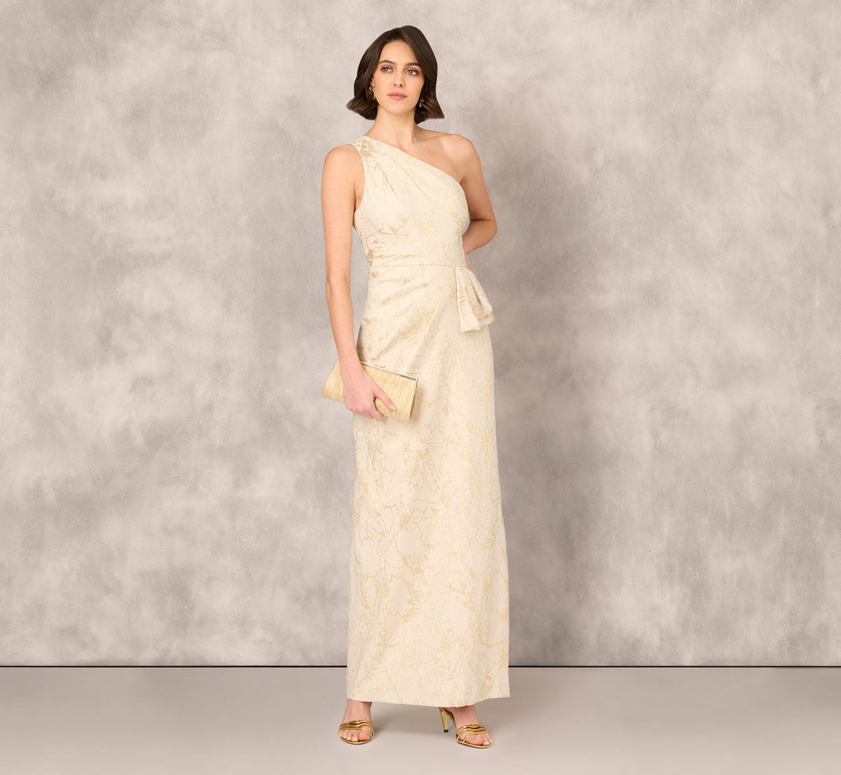 One Shoulder Metallic Stretch Jacquard Column Gown - Light Gold | Adrianna Papell