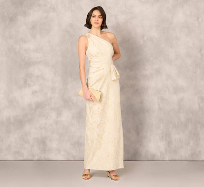 One Shoulder Metallic Stretch Jacquard Column Gown - Light Gold | Adrianna Papell