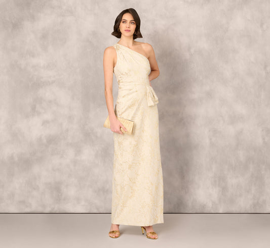 One Shoulder Metallic Stretch Jacquard Column Gown - Light Gold | Adrianna Papell