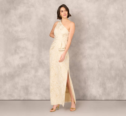 One Shoulder Metallic Stretch Jacquard Column Gown - Light Gold | Adrianna Papell