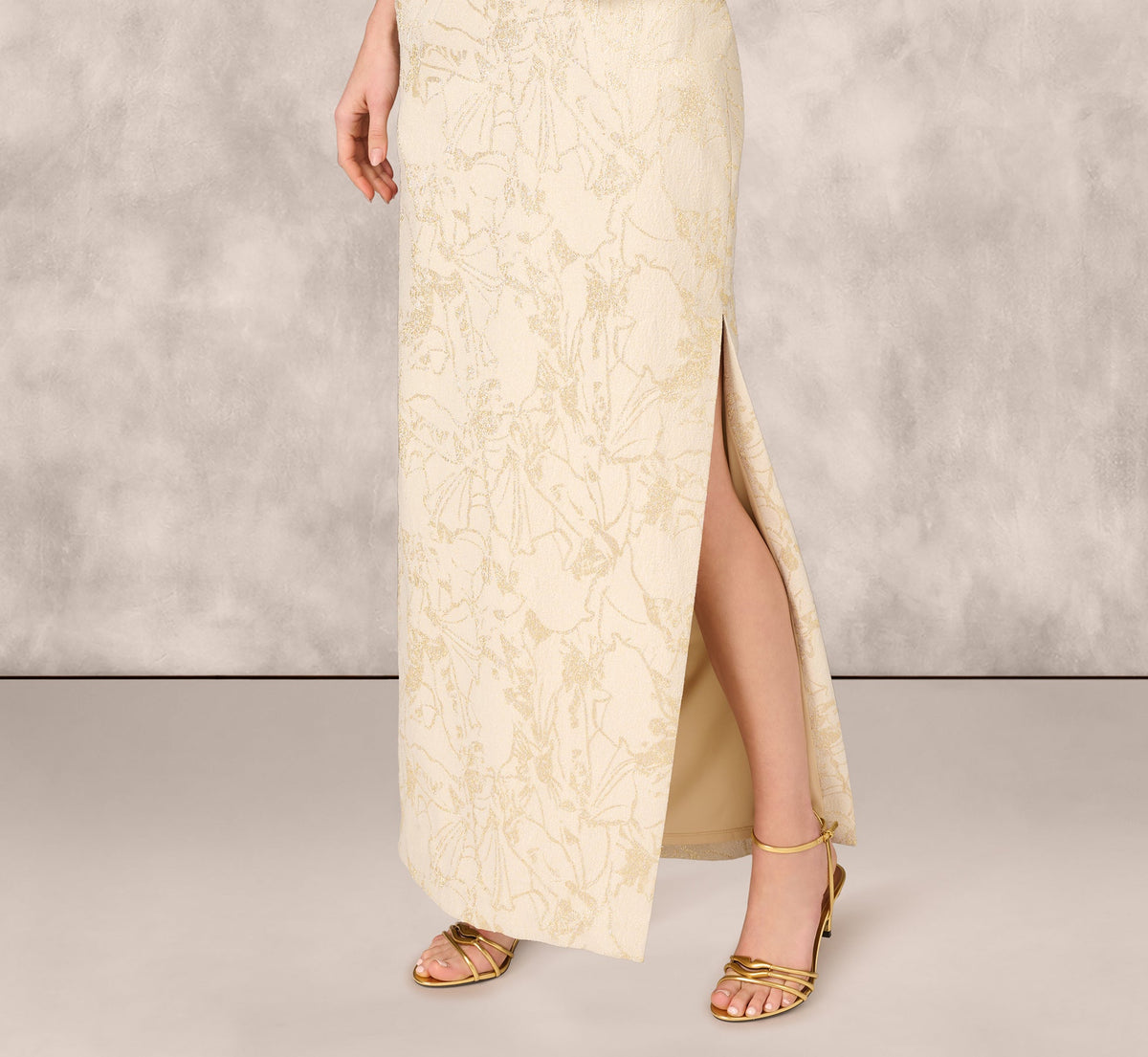 One Shoulder Metallic Stretch Jacquard Column Gown - Light Gold | Adrianna Papell