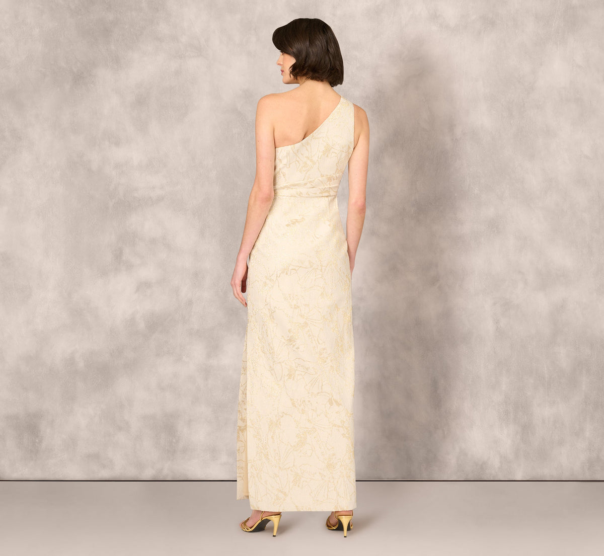 One Shoulder Metallic Stretch Jacquard Column Gown - Light Gold | Adrianna Papell