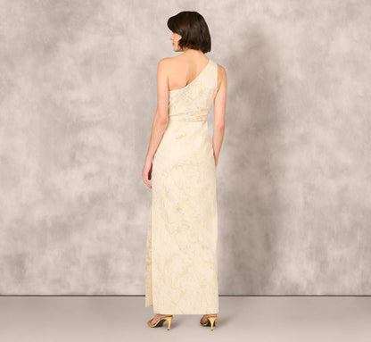 One Shoulder Metallic Stretch Jacquard Column Gown - Light Gold | Adrianna Papell