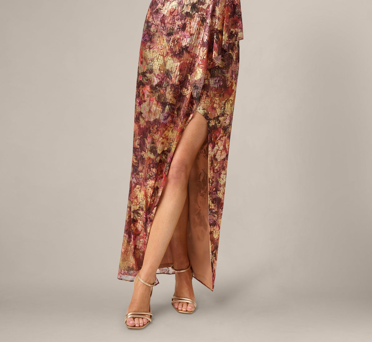 One Shoulder Metallic Floral Crinkle Chiffon Gown - Gold Multi | Adrianna Papell