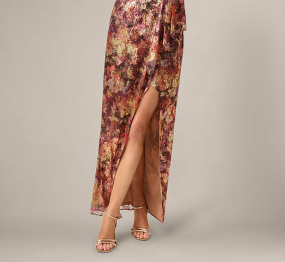 One Shoulder Metallic Floral Crinkle Chiffon Gown - Gold Multi | Adrianna Papell