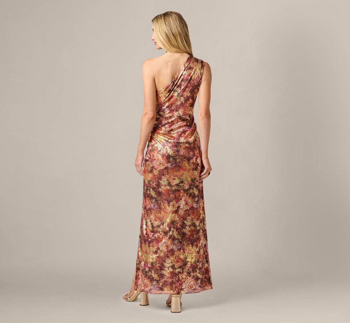 One Shoulder Metallic Floral Crinkle Chiffon Gown - Gold Multi | Adrianna Papell