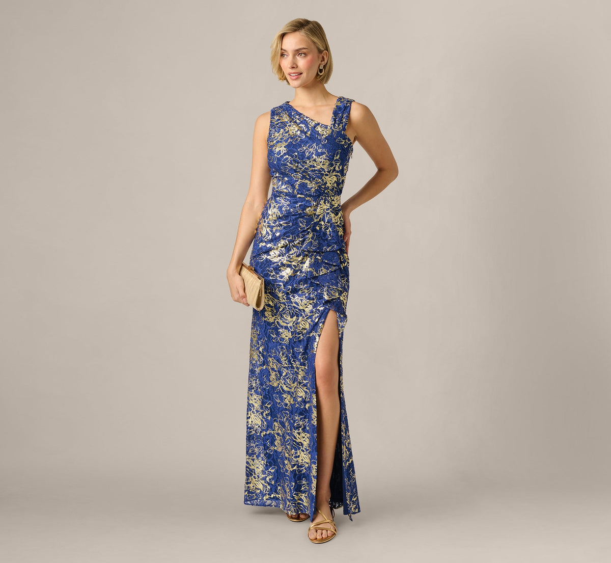 Asymmetrical Draped Stretch Metallic Lace Gown - Navy Gold | Adrianna Papell