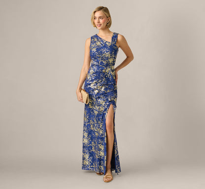 Asymmetrical Draped Stretch Metallic Lace Gown - Navy Gold | Adrianna Papell