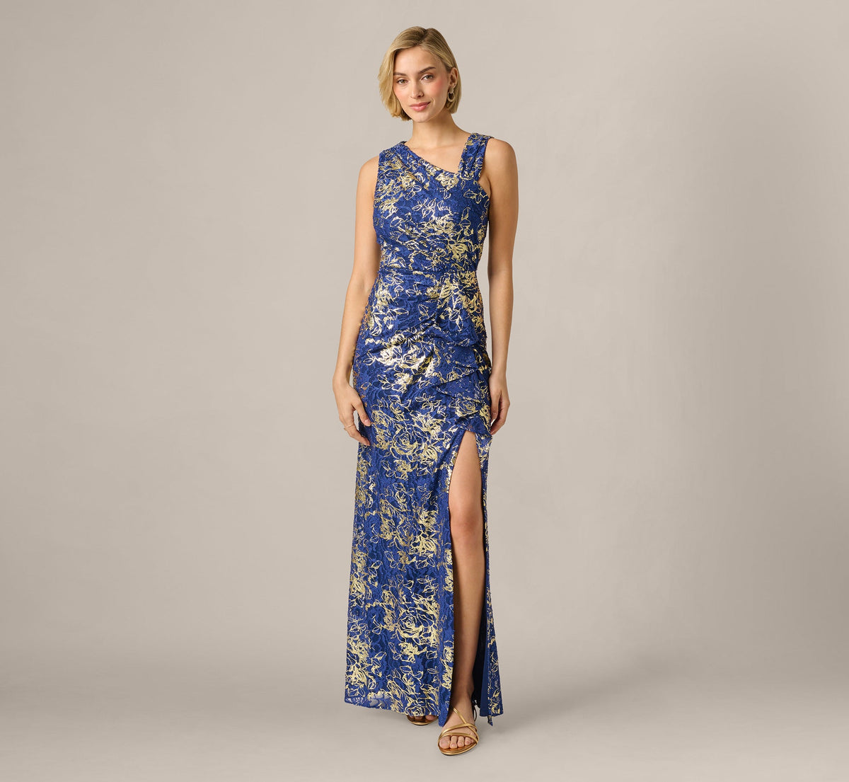 Asymmetrical Draped Stretch Metallic Lace Gown - Navy Gold | Adrianna Papell