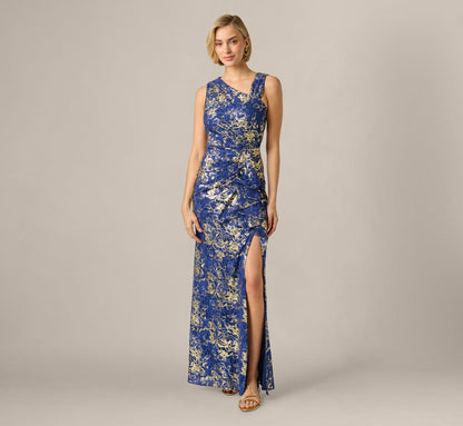 Asymmetrical Draped Stretch Metallic Lace Gown - Navy Gold | Adrianna Papell