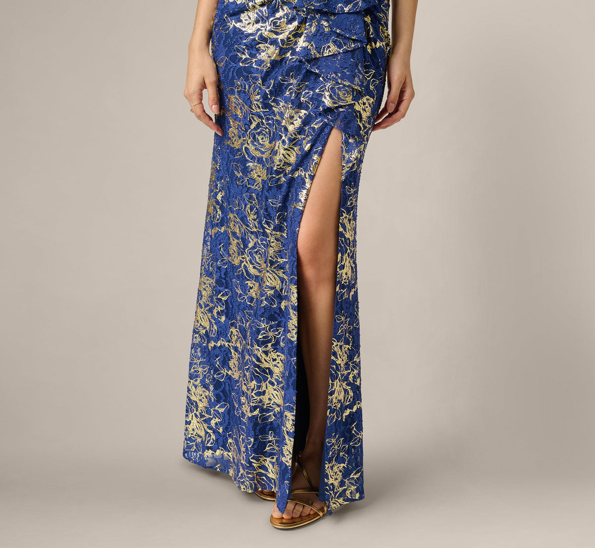 Asymmetrical Draped Stretch Metallic Lace Gown - Navy Gold | Adrianna Papell