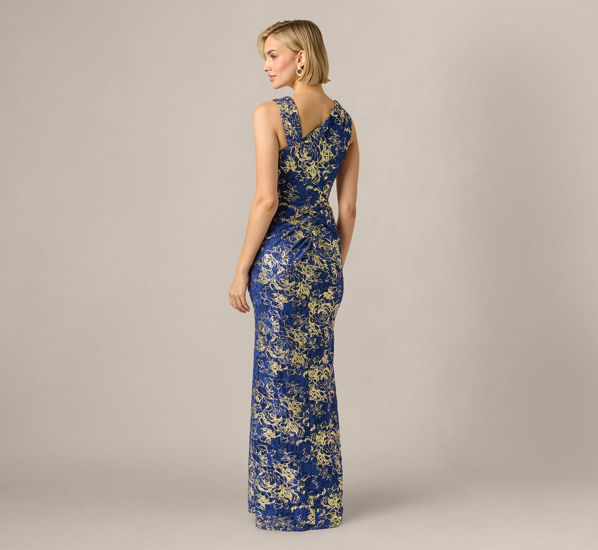 Asymmetrical Draped Stretch Metallic Lace Gown - Navy Gold | Adrianna Papell