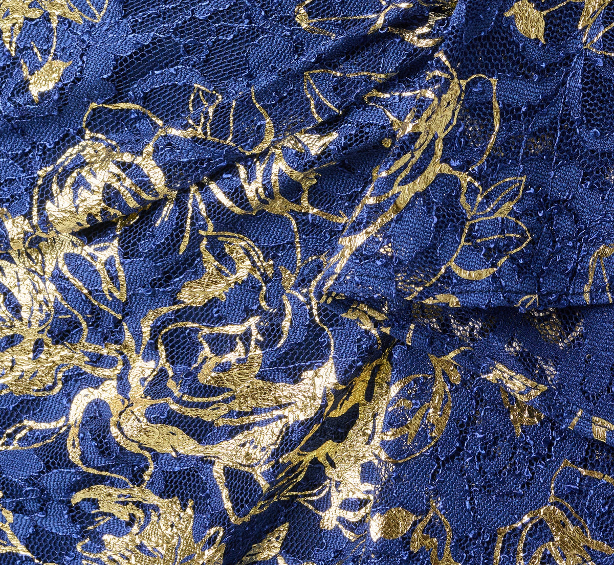 Asymmetrical Draped Stretch Metallic Lace Gown - Navy Gold | Adrianna Papell