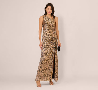 Sleeveless Asymmetrical Damask Metallic Gown - Chocolate | Adrianna Papell