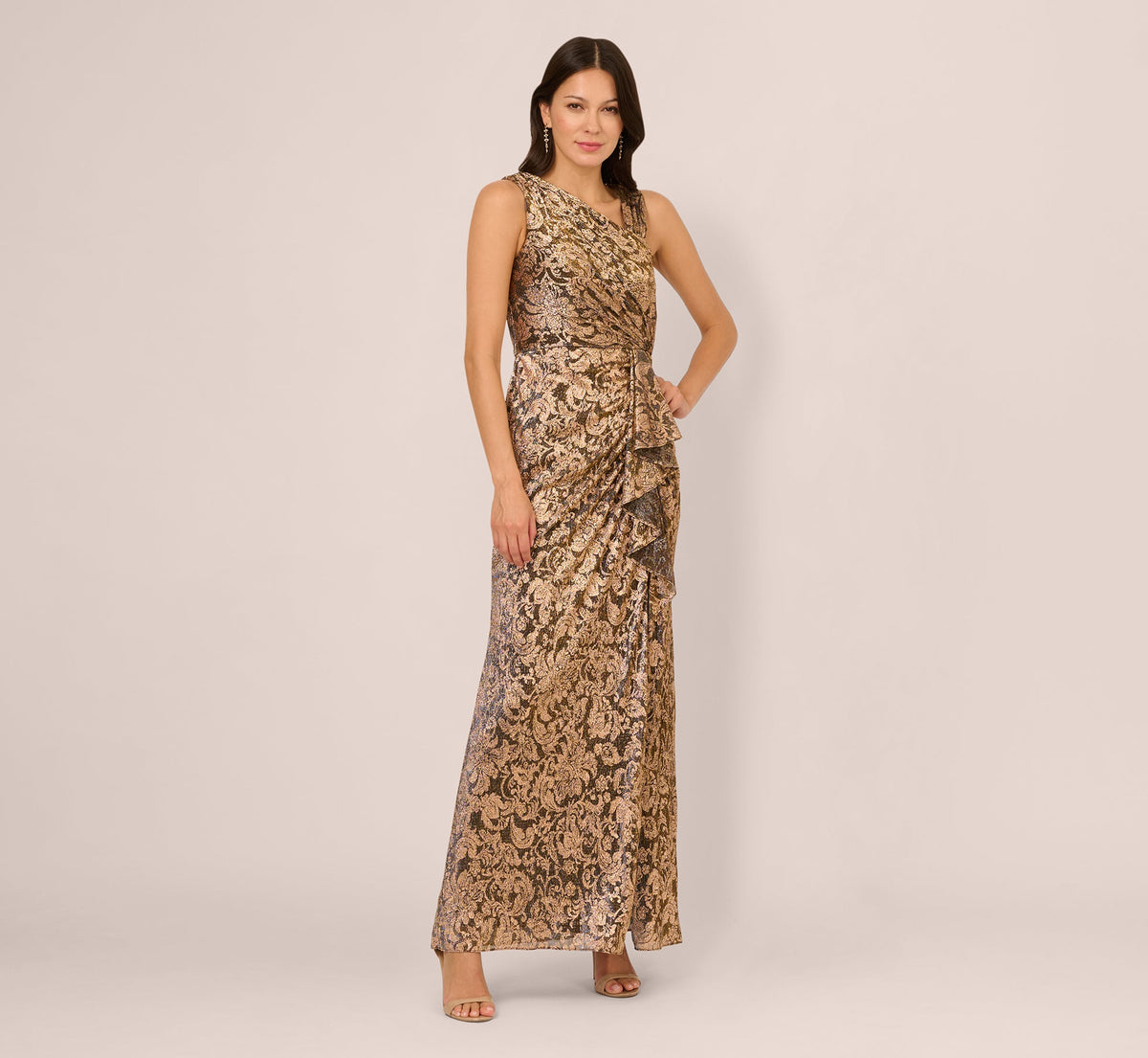 Sleeveless Asymmetrical Damask Metallic Gown - Chocolate | Adrianna Papell