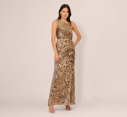 Sleeveless Asymmetrical Damask Metallic Gown - Chocolate | Adrianna Papell