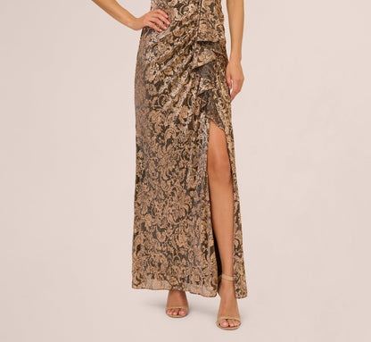 Sleeveless Asymmetrical Damask Metallic Gown - Chocolate | Adrianna Papell