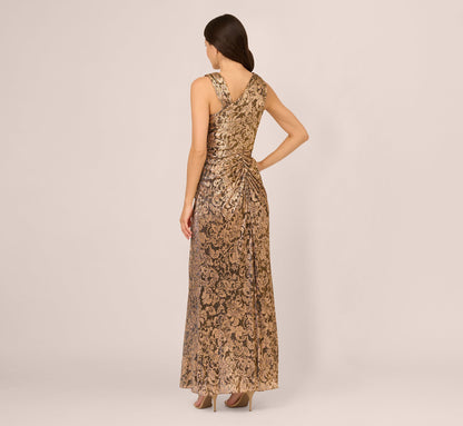 Sleeveless Asymmetrical Damask Metallic Gown - Chocolate | Adrianna Papell