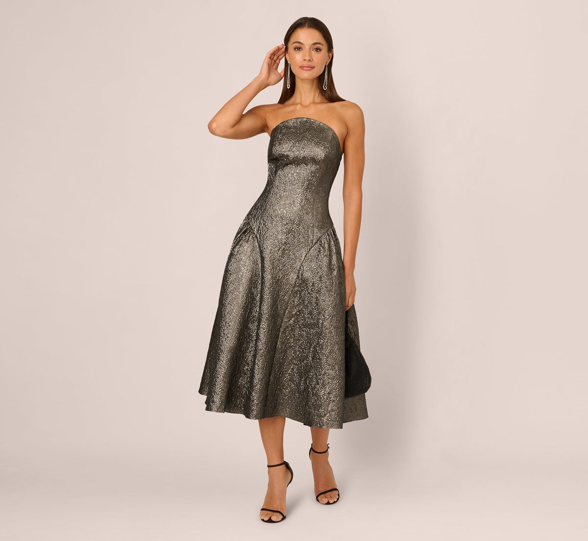 Strapless Drop Waist Metallic Midi Dress - Gunmetal | Adrianna Papell
