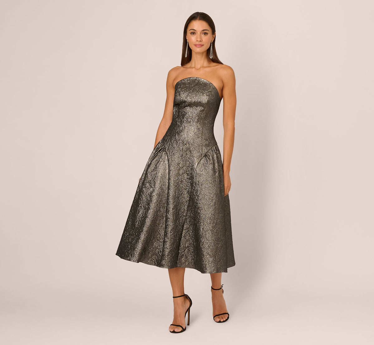 Strapless Drop Waist Metallic Midi Dress - Gunmetal | Adrianna Papell