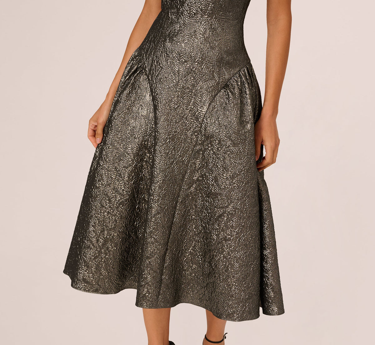 Strapless Drop Waist Metallic Midi Dress - Gunmetal | Adrianna Papell
