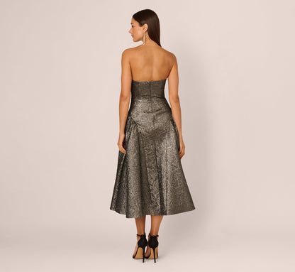 Strapless Drop Waist Metallic Midi Dress - Gunmetal | Adrianna Papell