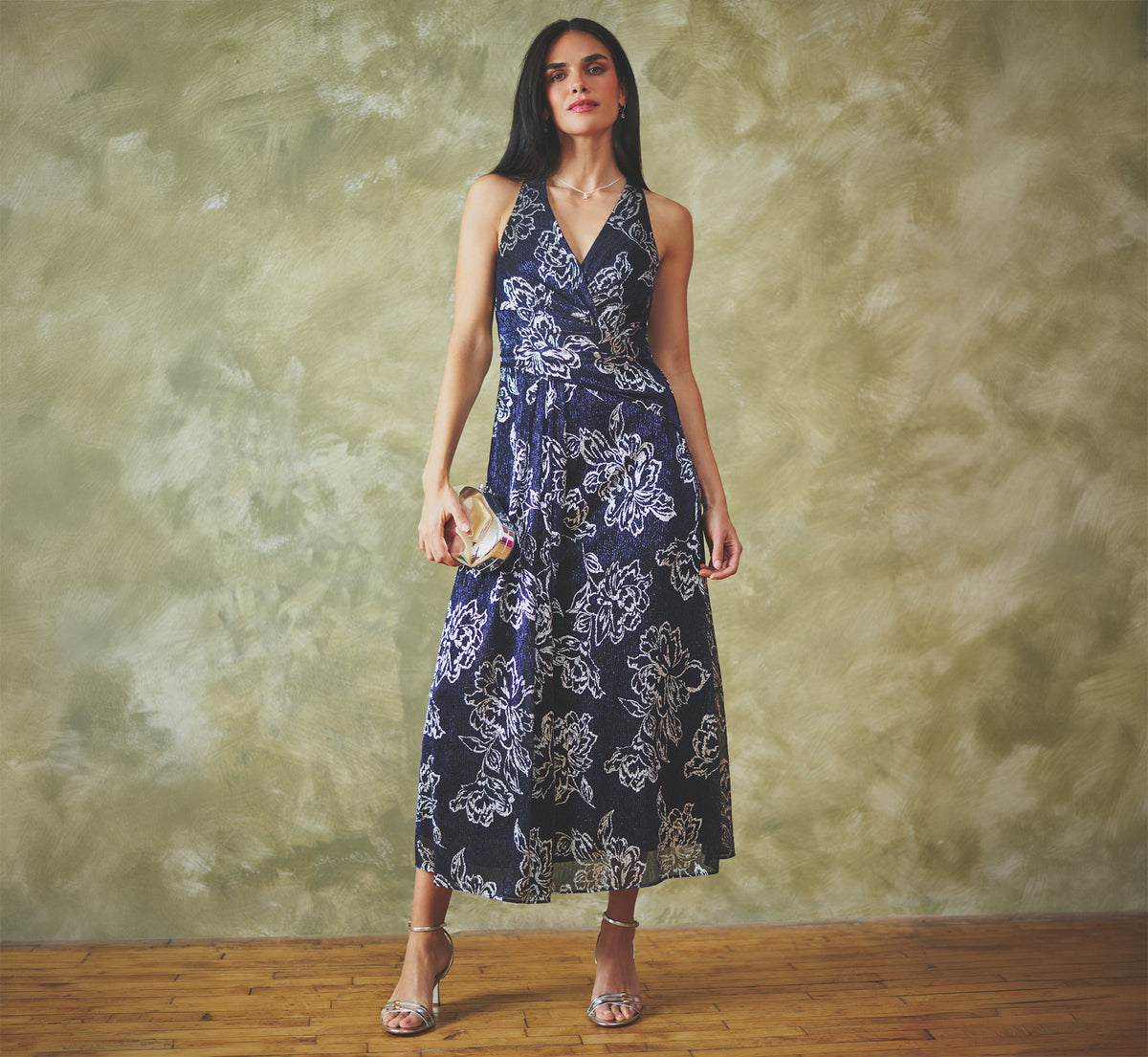 Metallic Crinkle Floral Midi Halter Dress - Black Gunmetal | Adrianna Papell