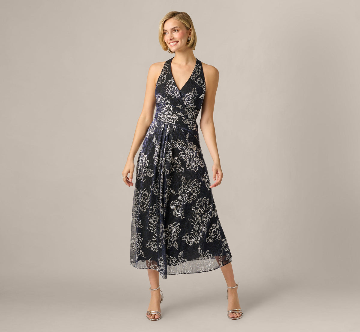 Metallic Crinkle Floral Midi Halter Dress - Black Gunmetal | Adrianna Papell