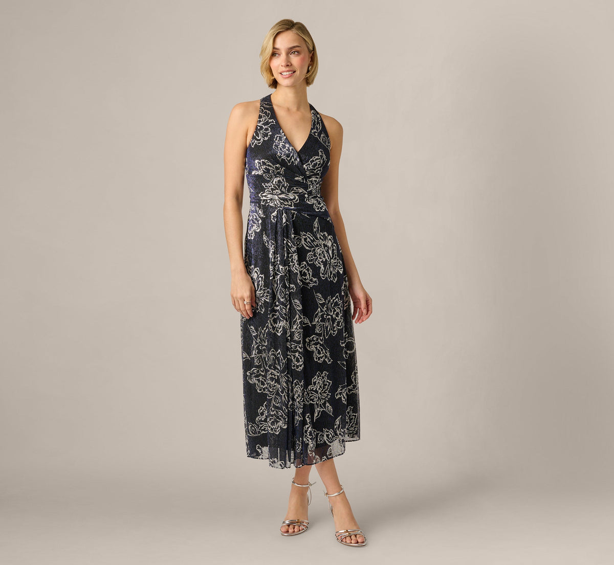 Metallic Crinkle Floral Midi Halter Dress - Black Gunmetal | Adrianna Papell