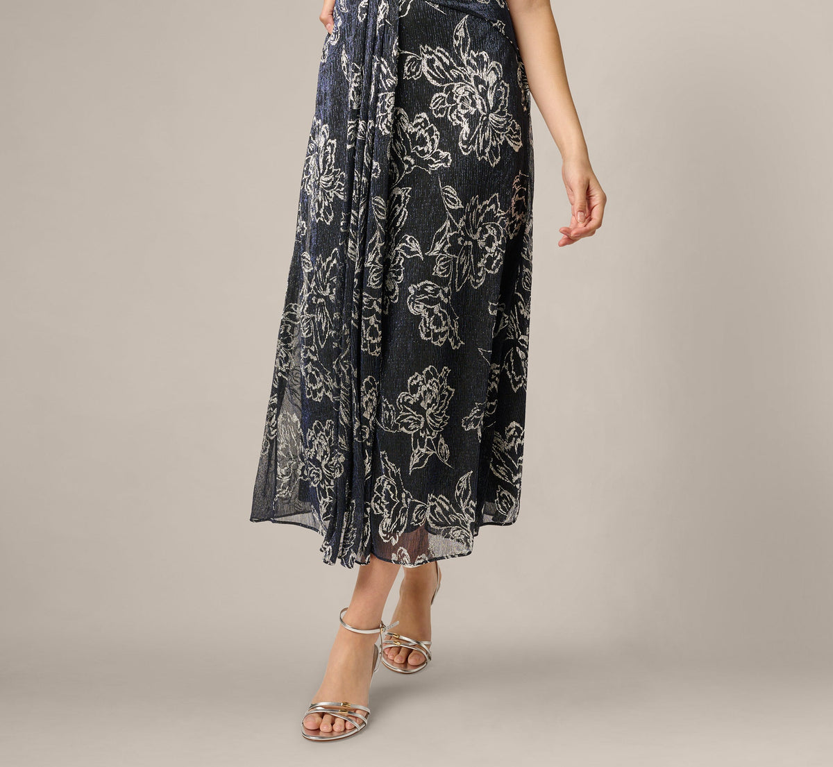 Metallic Crinkle Floral Midi Halter Dress - Black Gunmetal | Adrianna Papell
