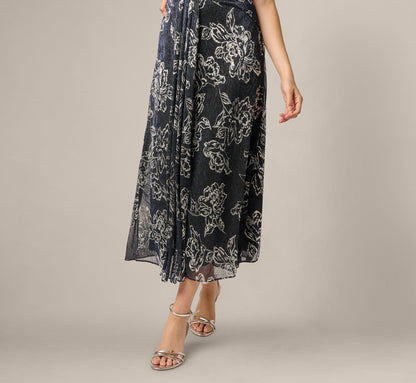 Metallic Crinkle Floral Midi Halter Dress - Black Gunmetal | Adrianna Papell