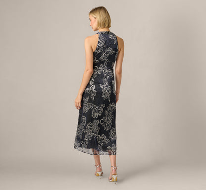 Metallic Crinkle Floral Midi Halter Dress - Black Gunmetal | Adrianna Papell
