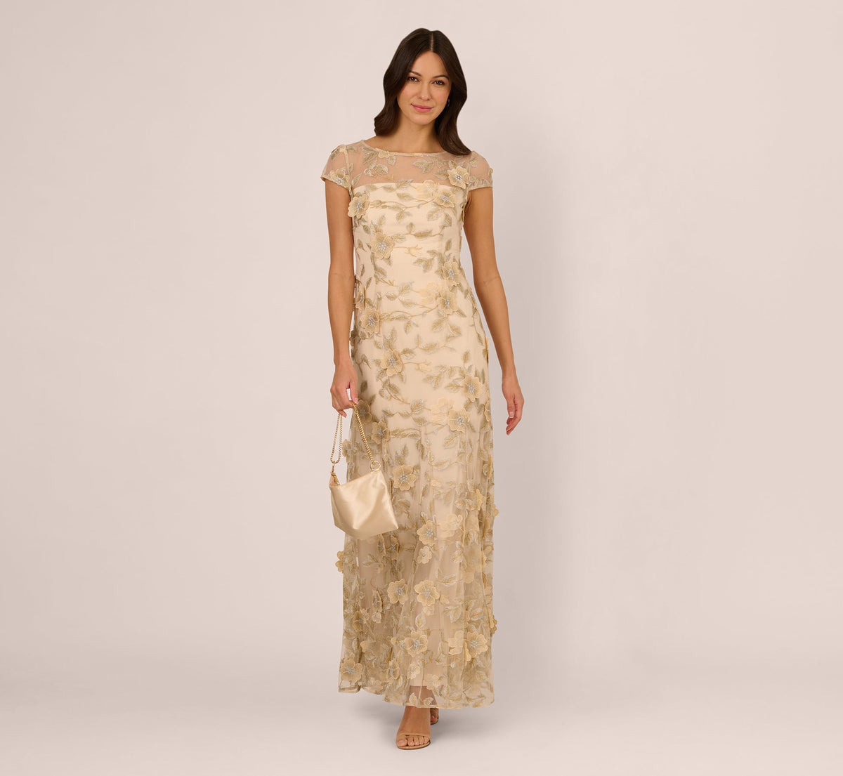 Cap Sleeve Floral Embroidered Illusion Godet Gown - Champagne | Adrianna Papell