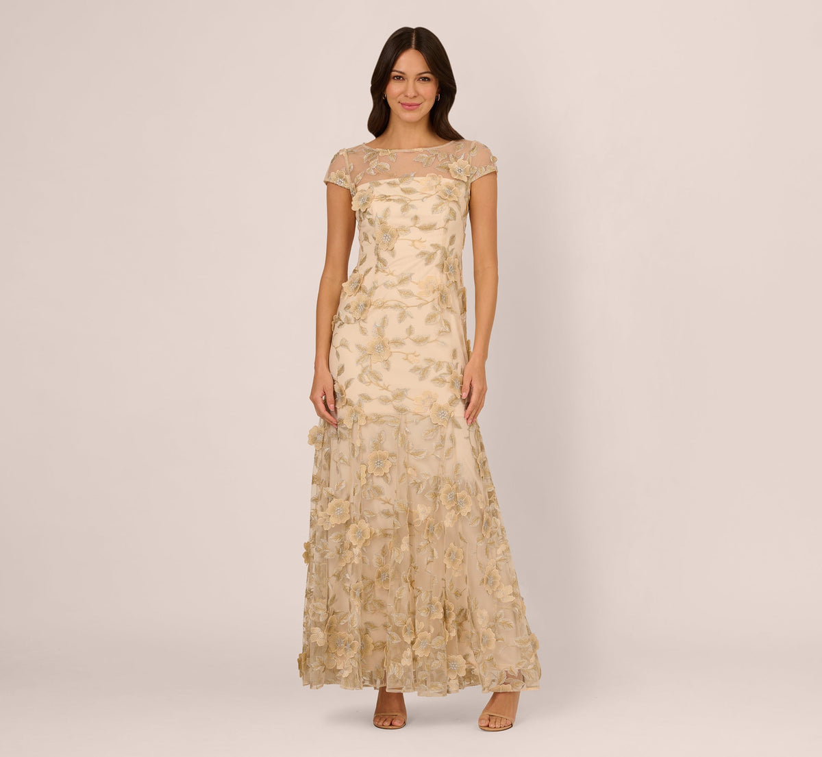 Cap Sleeve Floral Embroidered Illusion Godet Gown - Champagne | Adrianna Papell