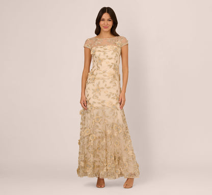 Cap Sleeve Floral Embroidered Illusion Godet Gown - Champagne | Adrianna Papell