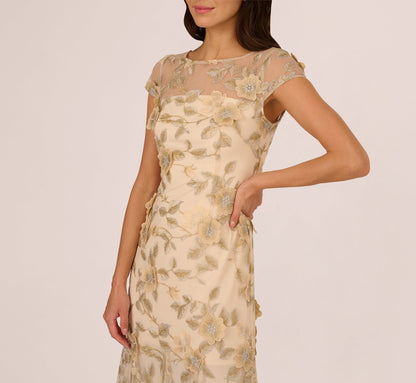 Cap Sleeve Floral Embroidered Illusion Godet Gown - Champagne | Adrianna Papell