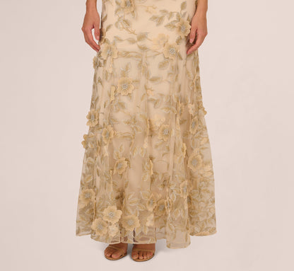 Cap Sleeve Floral Embroidered Illusion Godet Gown - Champagne | Adrianna Papell