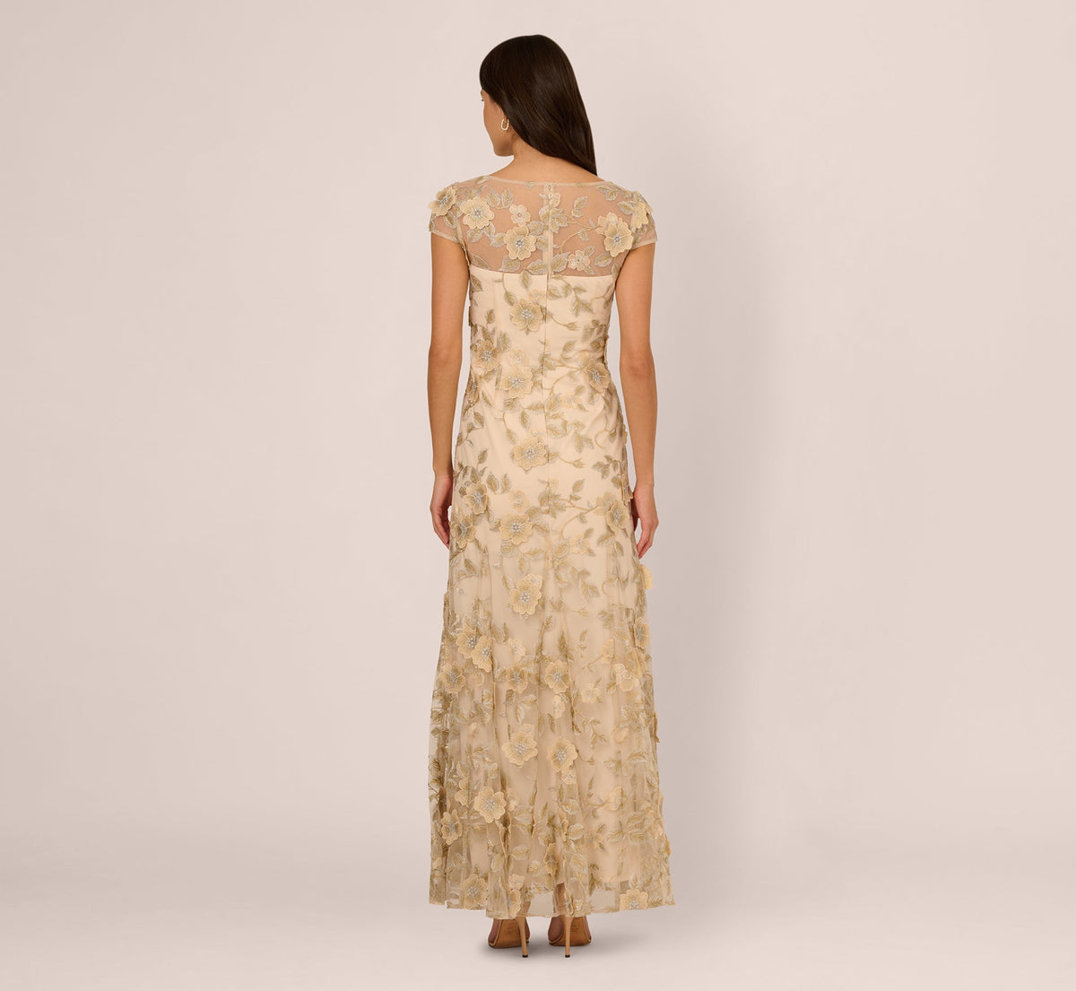 Cap Sleeve Floral Embroidered Illusion Godet Gown - Champagne | Adrianna Papell