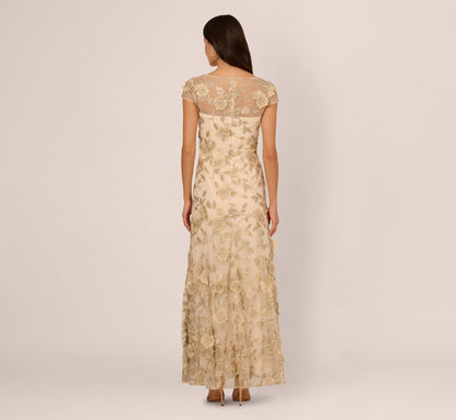 Cap Sleeve Floral Embroidered Illusion Godet Gown - Champagne | Adrianna Papell